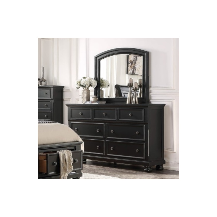 black wood dresser with mirror Maklaine Transitional Wood 6-Drawer Dresser with Mirror in Black