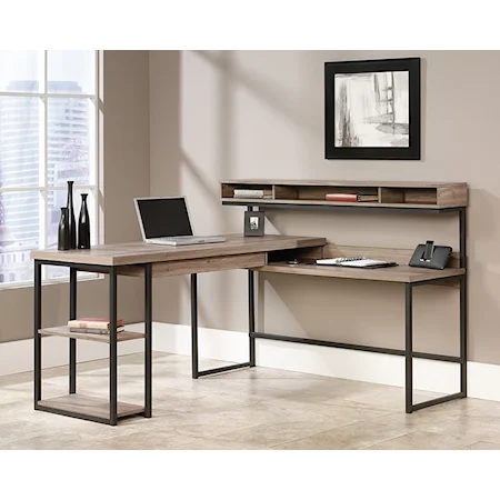 Industrial L-Shaped Desk with Elevated Storage Shelf