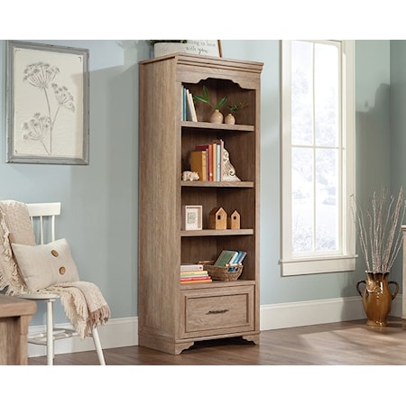 Farmhouse Four-Shelf Bookcase with Lower Storage Drawer