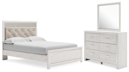 Queen Upholstered Panel Bed, Dresser And Mirror