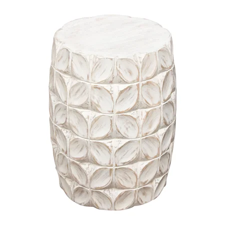 Solid Mango Wood Accent Table in Distressed White Finish w/ Leaf Motif