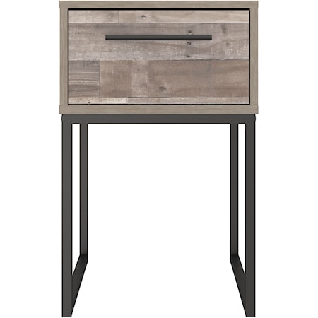 Rustic 1-Drawer Nightstand with Butcher Block Pattern and Metal Sled Legs