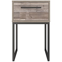 Rustic 1-Drawer Nightstand with Butcher Block Pattern and Metal Sled Legs