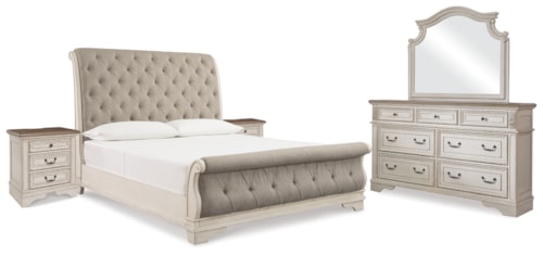 King Upholstered Sleigh Bed, Dresser, Mirror And 2 Nightstands