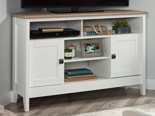 Transitional 2-Door Corner TV Stand with Open Shelf Storage