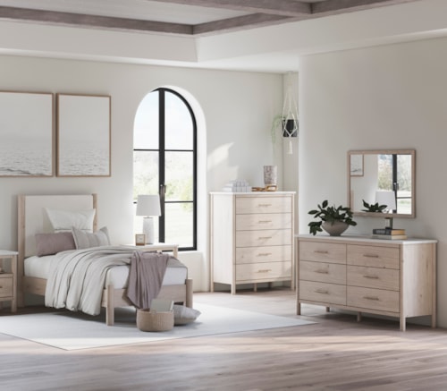 Twin Upholstered Panel Bed, Dresser And Mirror