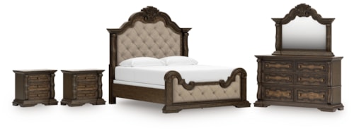 King Upholstered Bed, Dresser, Mirror And 2 Nightstands