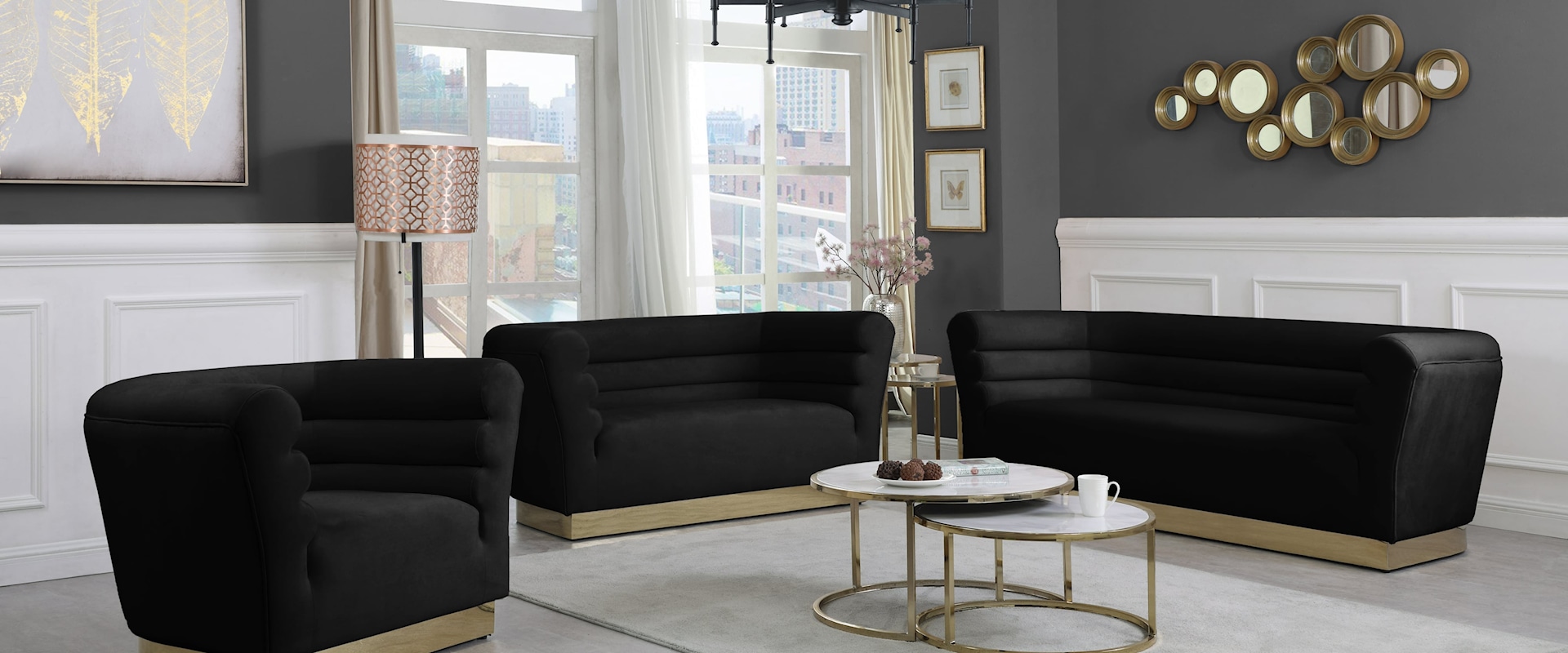 Contemporary 3-Piece Black Velvet Living Room Group
