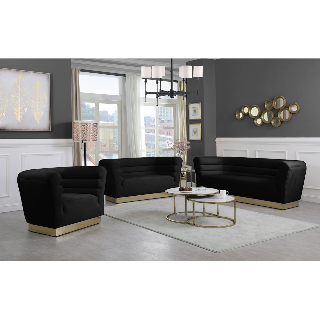 Meridian Furniture Bellini 3-Piece Black Velvet Living Room Group