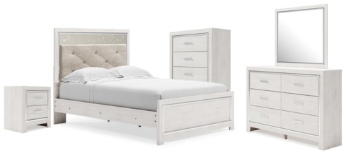 Full Upholstered Panel Bed, Dresser, Mirror, Chest And Nightstand
