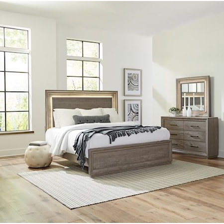 Contemporary King Panel Bed, Dresser & Mirror