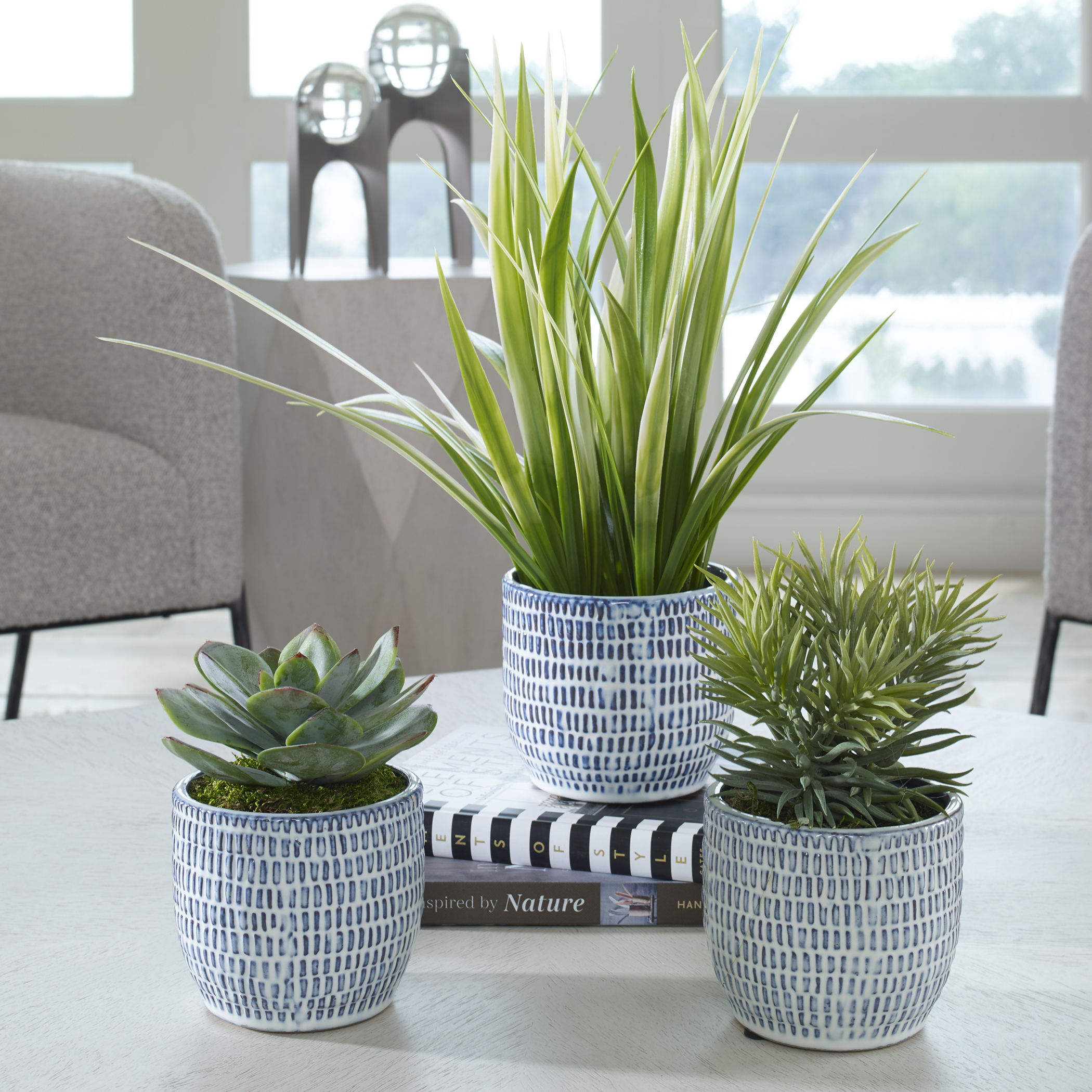 Puebla Greenery In Blue &amp; White Pots S/3
