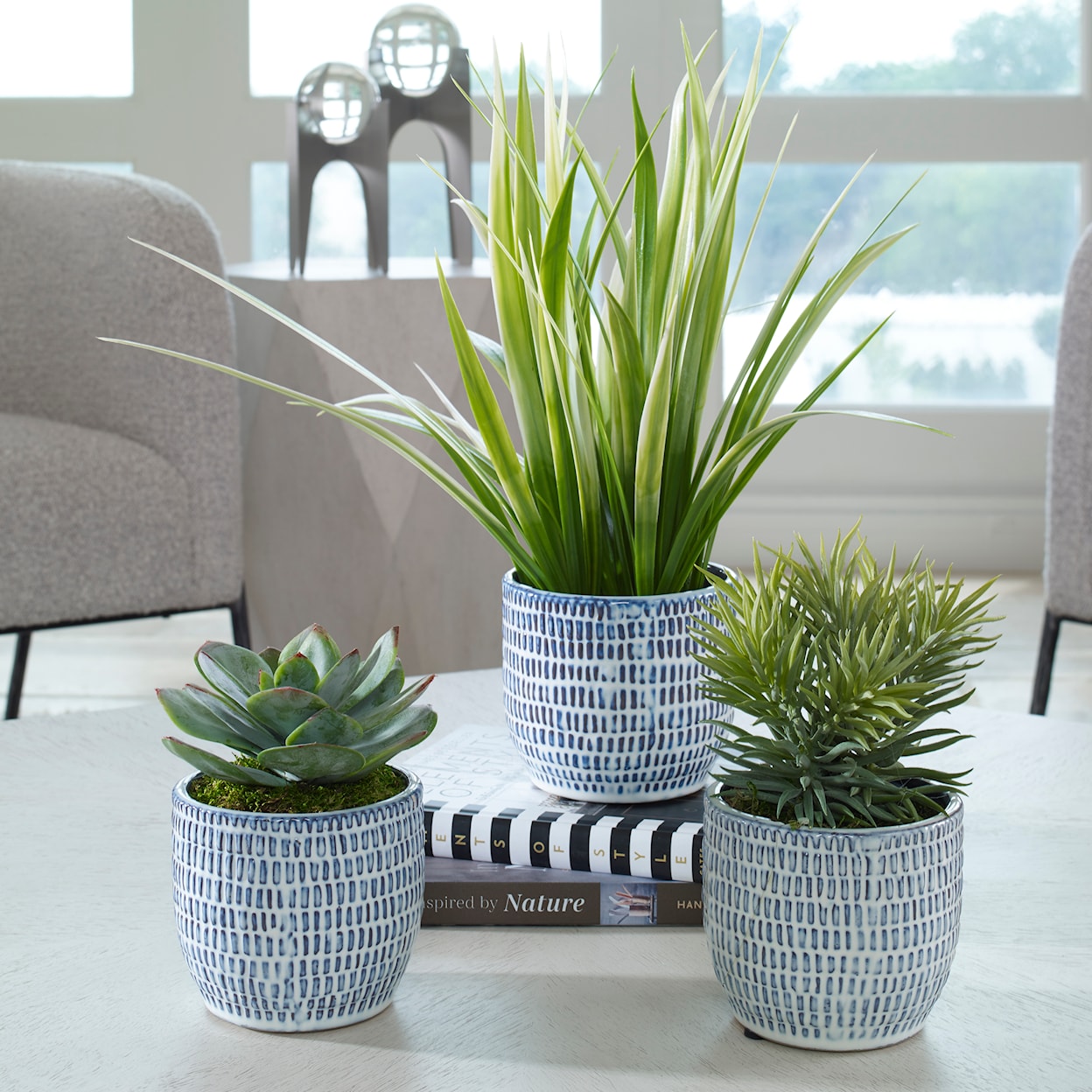 Uttermost Puebla Puebla Greenery In Blue & White Pots S/3