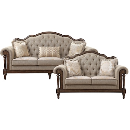 Traditional 2-Piece Living Room Set with Button Tufting