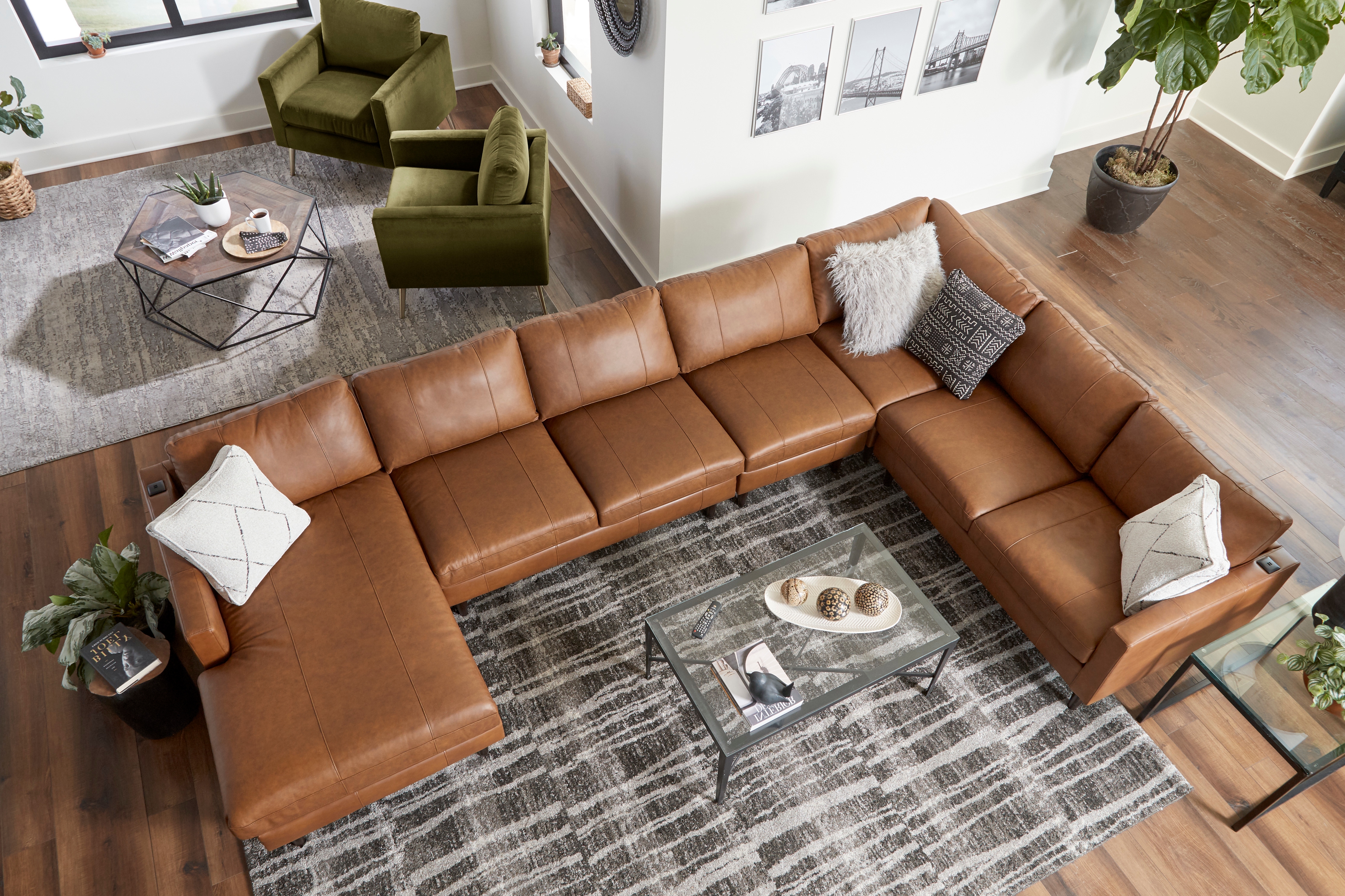Leather Sectional Sofa w/ Chaise &amp; Wood Feet