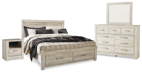 King Panel Storage Bed, Dresser, Mirror And Nightstand