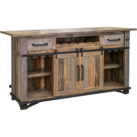 Rustic Solid Wood Bar with Sliding Barn Doors and Wine Bottle Rack