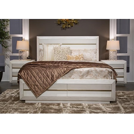 Glam California King Panel Bed with Storage Footboard