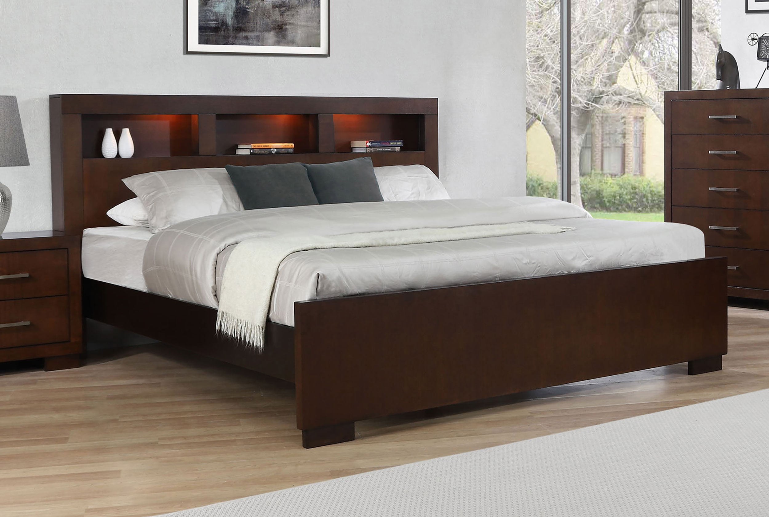 Coaster Jessica Wood Queen LED Storage Bookcase Bed