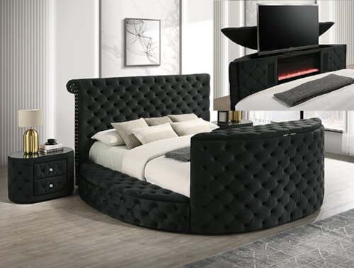 Glam Tufted Queen Bed with Fireplace Footboard