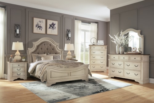 Queen Upholstered Panel Bed, Dresser, Mirror, Chest And 2 Nightstands