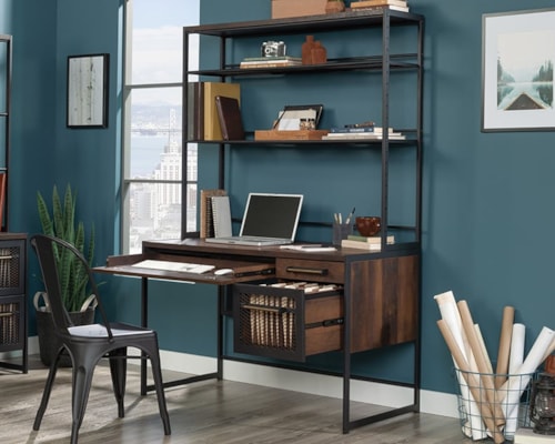 Industrial Computer Desk & Hutch with Metal Frame