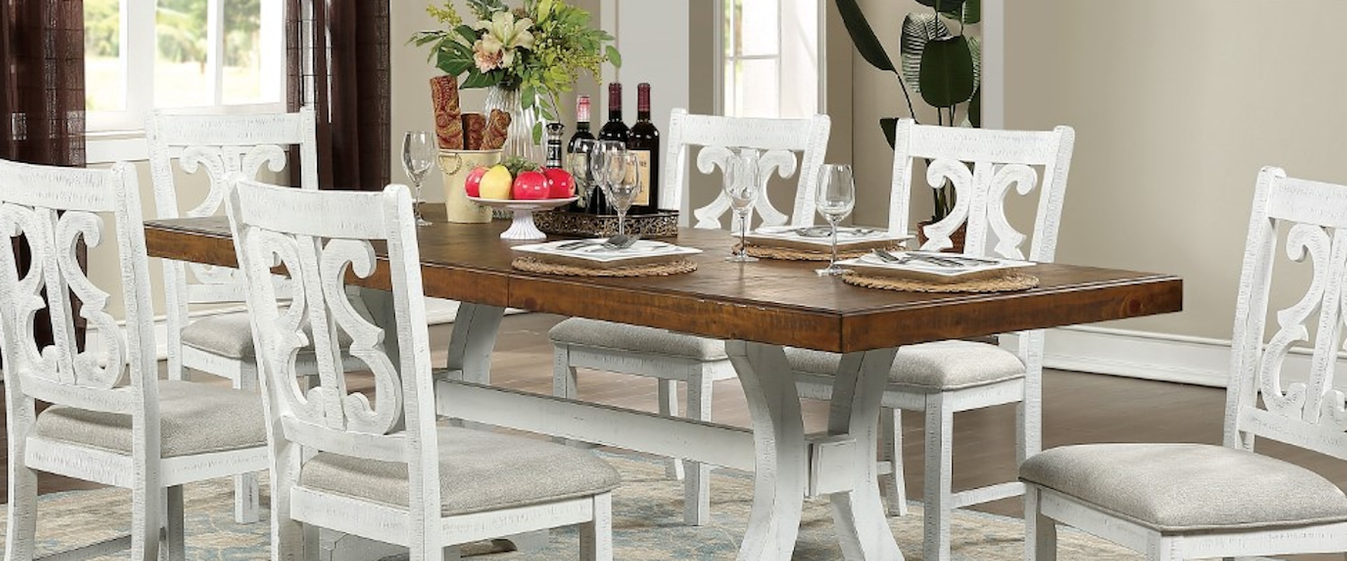 Rustic 7-Piece Dining Set with Rectangular Trestle Table