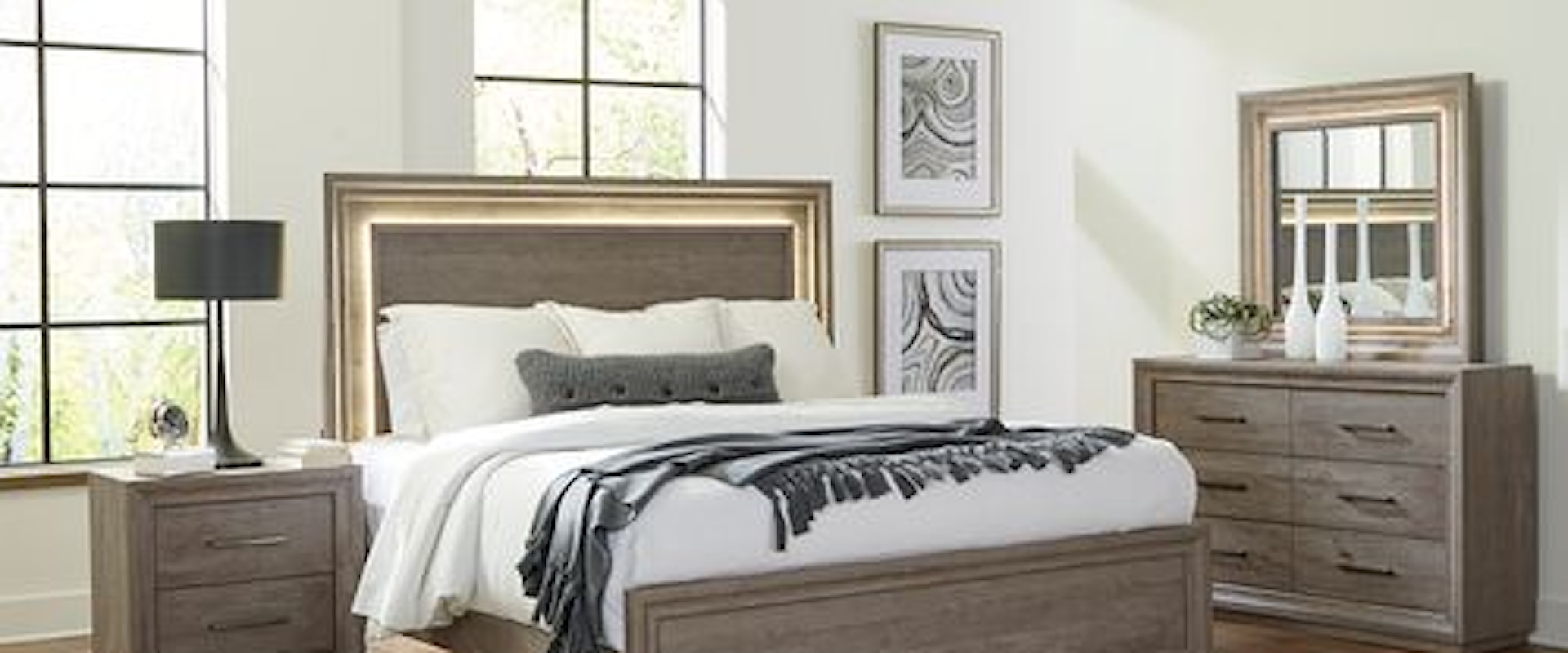 Contemporary Queen Panel Bed, Dresser & Mirror, Night Stand