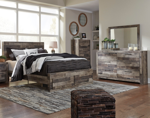 Queen Panel Storage Bed with Mirrored Dresser and Chest