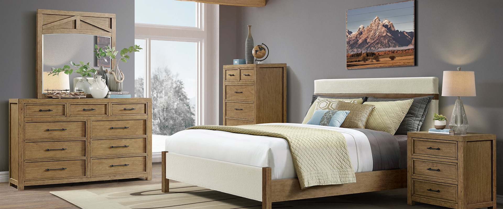 Rustic Contemporary 5-Piece Upholstered Queen Panel Bedroom Set