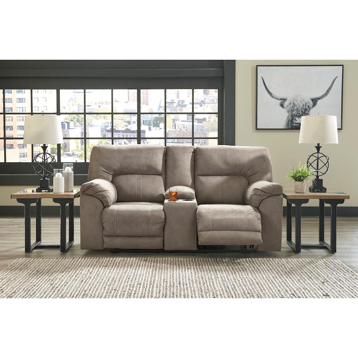 Ashley Furniture Benchcraft Cavalcade Double Reclining Power Loveseat with Console