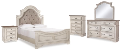 Queen Upholstered Panel Bed, Dresser, Mirror, Chest And Nightstand
