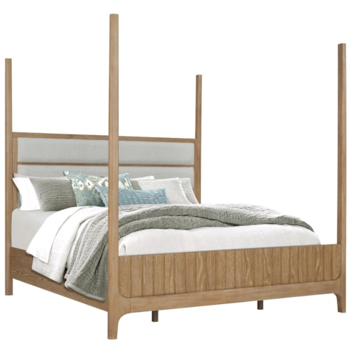 Transitional Queen Poster Bed with Upholstered Headboard