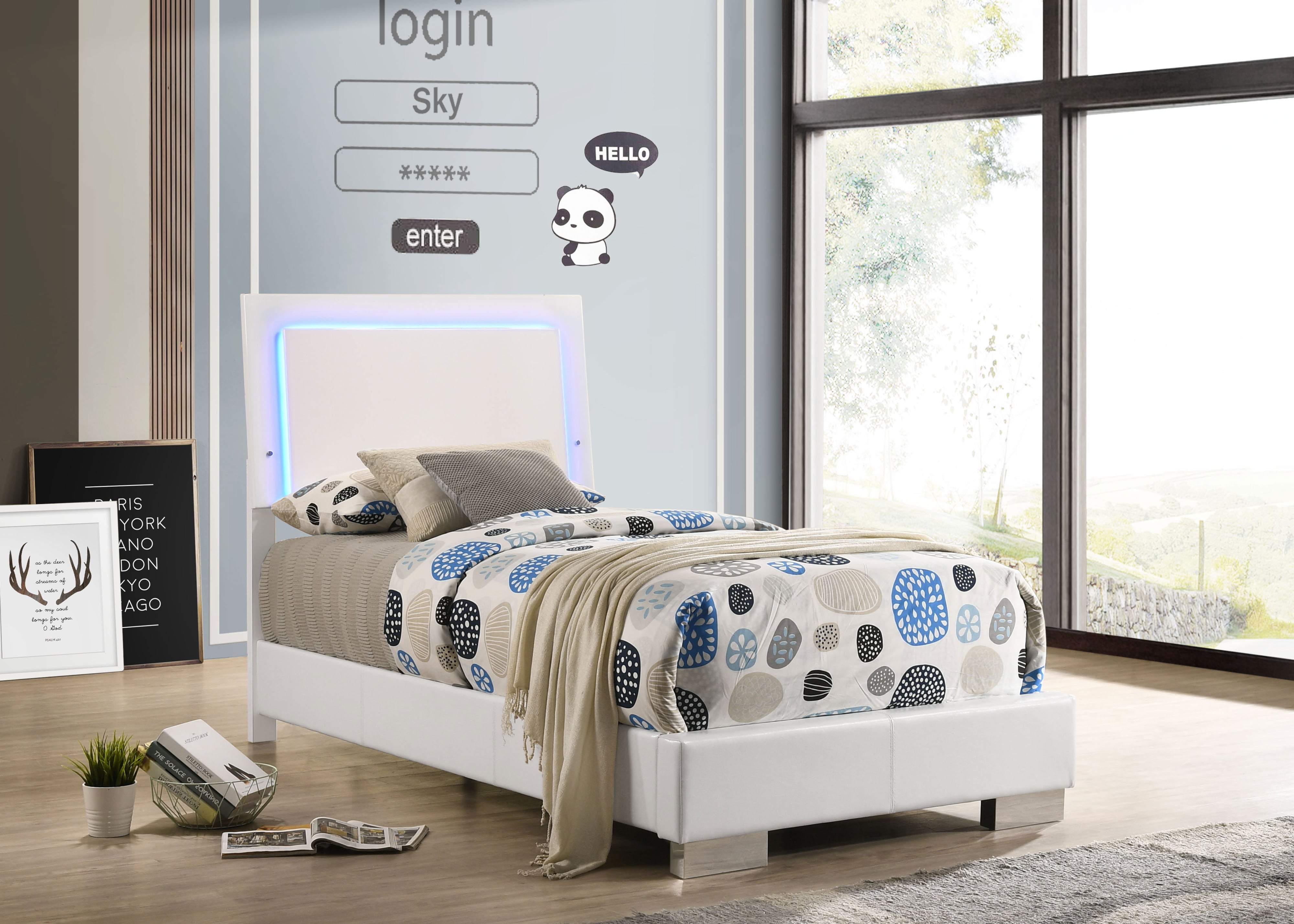 Wood Twin LED Panel Bed