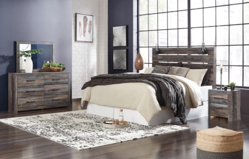 King Panel Headboard With Metal Frame, Dresser, Mirror, And Nightstand