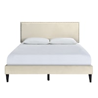 Contemporary Nailhead Trimmed Upholstered Queen Platform Bed in Natural Beige