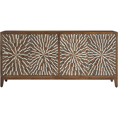 Transitional 4-Door Credenza with Bone Inlay Design Door Fronts