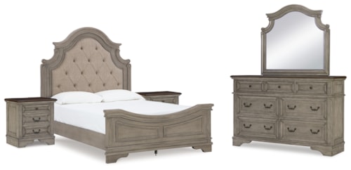 Queen Upholstered Panel Bed, Dresser, Mirror And 2 Nightstands