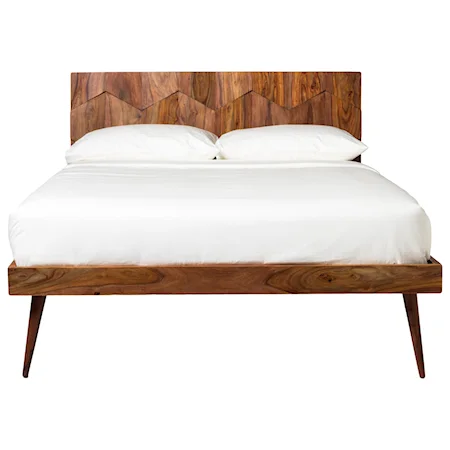 Contemporary Queen Solid Wood Panel Bed with Geometric Carving