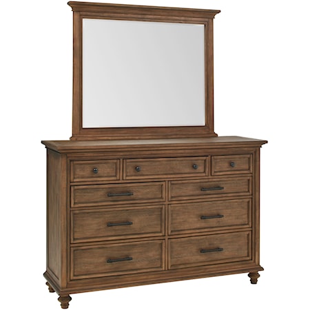 Transitional Mirror and Dresser Set with Felt Lined Top Drawers