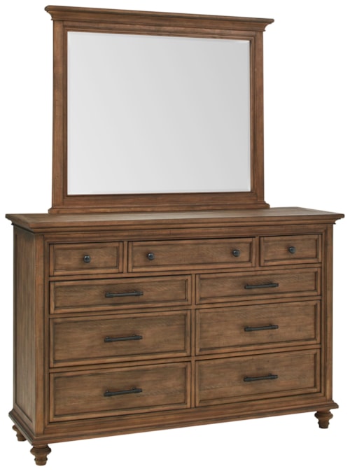 Transitional Mirror and Dresser Set with Felt Lined Top Drawers