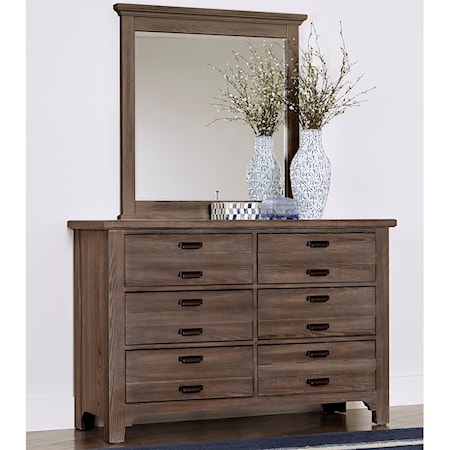 Transitional 6 Drawer Double Dresser and Landscape Mirror