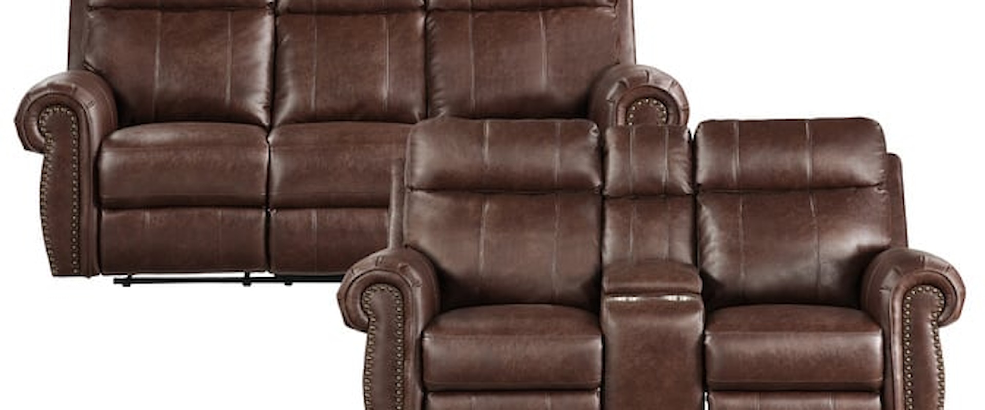 Transitional 2-Piece Power Reclining Living Room Set with Rolled Arms and Nailheads