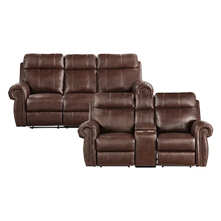 Transitional 2-Piece Power Reclining Living Room Set with Rolled Arms and Nailheads