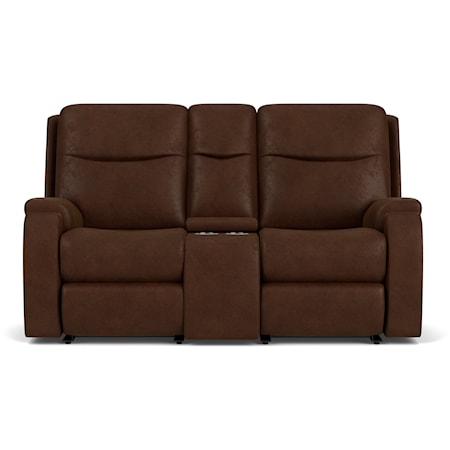 Transitional Power Reclining Console Loveseat with Power Headrests and Lumbar