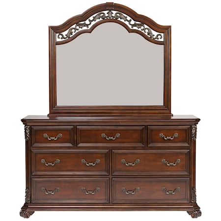 Traditional 7-Drawer Dresser with Arched Mirror