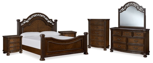King Poster Bed, Dresser, Mirror, Chest And 2 Nightstands