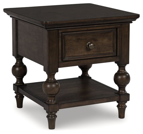 Traditional Square End Table with Turned Legs