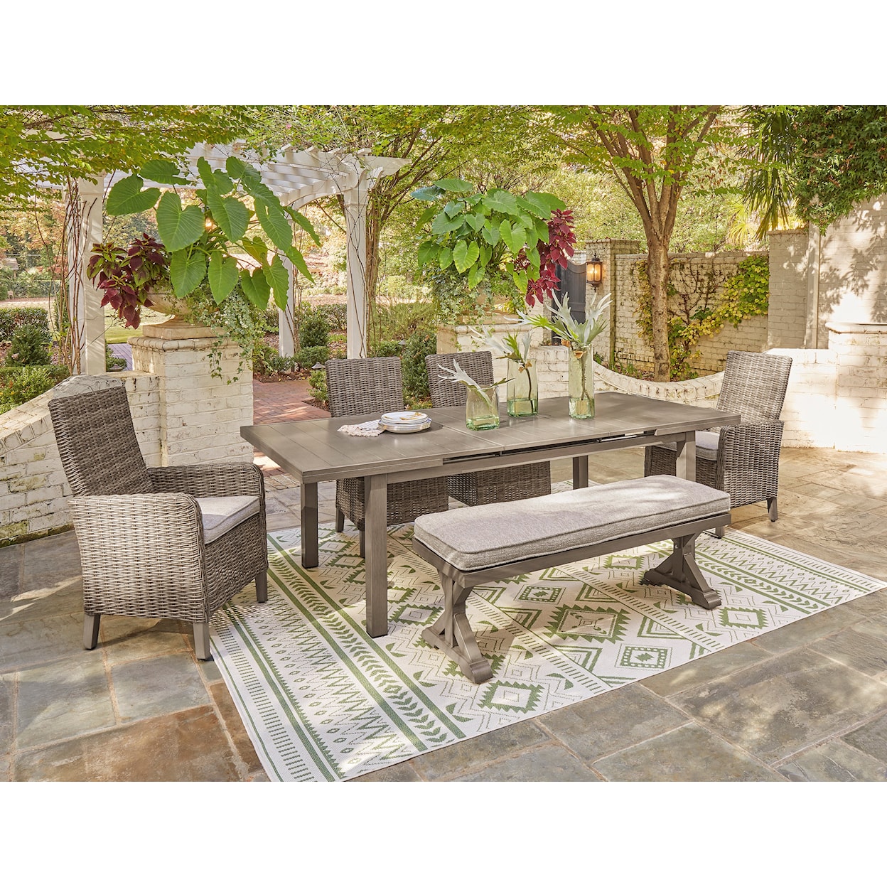 Ashley Furniture Signature Design Beach Front 6-Piece Outdoor Dining Set with Bench