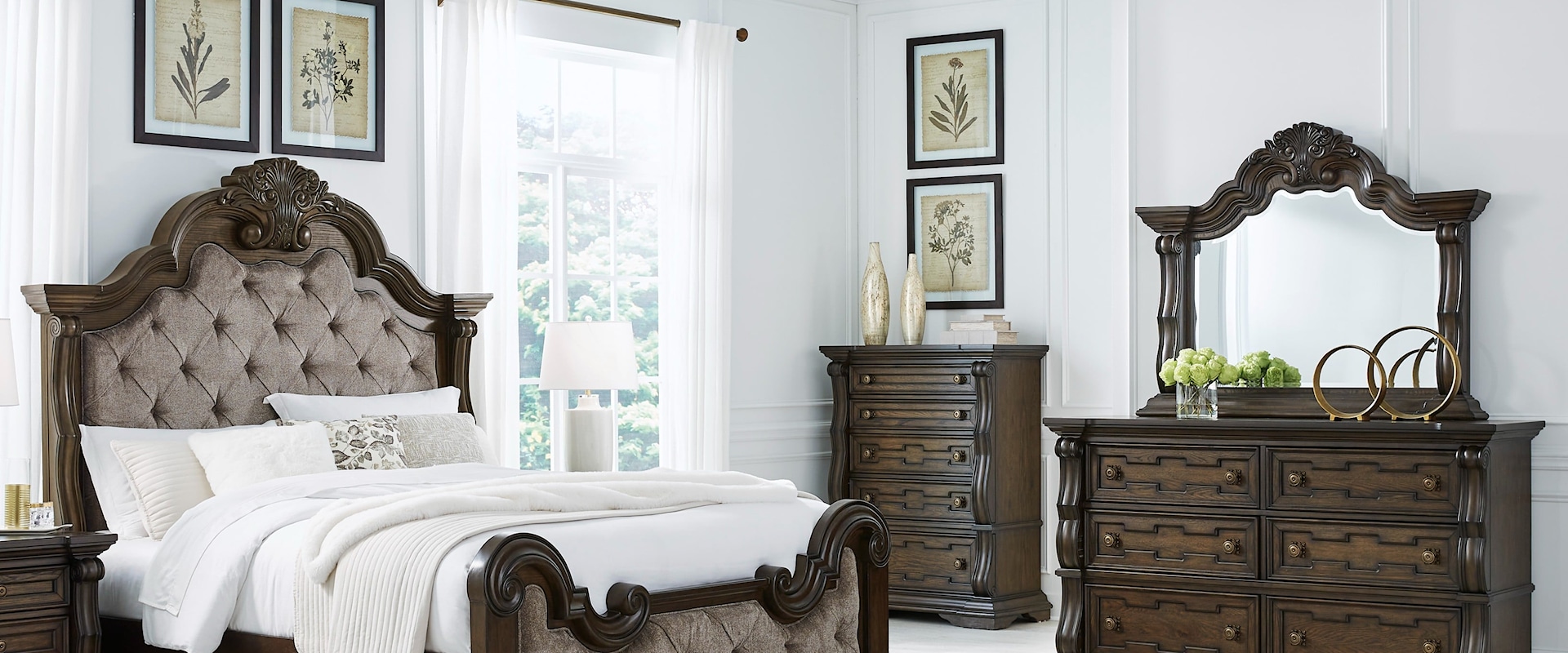 King Upholstered Bed, Dresser And Mirror